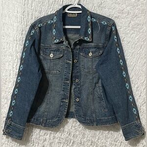 ETHYL VINTAGE DENIM JACKET WOMEN AZTEX BEADED TRIM SIZE L